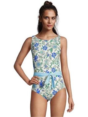 Lands End Blue Floral One Piece Swim size 8